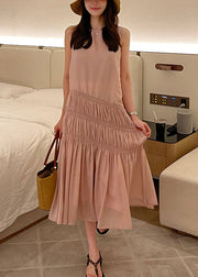 Elegant Pink Wrinkled Solid Long Dress Sleeveless