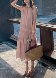 Elegant Pink Wrinkled Solid Long Dress Sleeveless