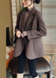 Elegant Plaid Button Pockets Patchwork Cotton Coats Fall