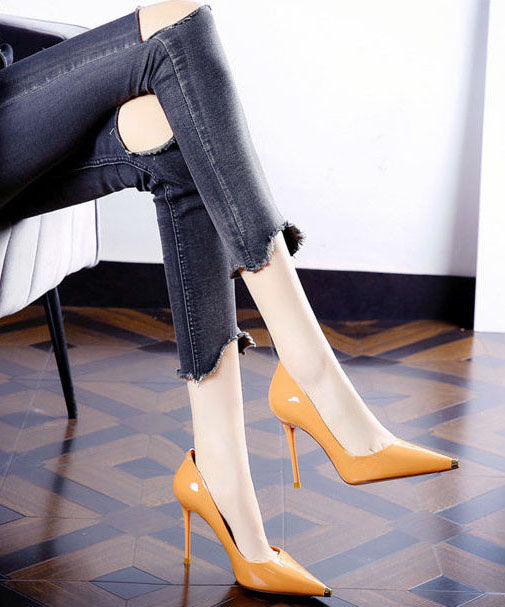 Elegant Pointed Toe Stiletto High Heels Orange Cowhide Leather