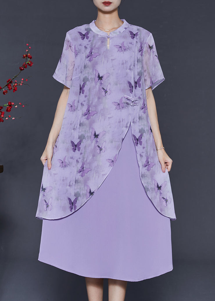 Elegant Purple Butterfly Chinese Button Chiffon Fake Two Piece Dresses Summer