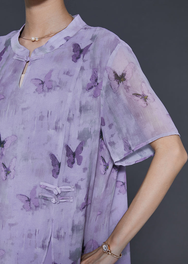 Elegant Purple Butterfly Chinese Button Chiffon Fake Two Piece Dresses Summer