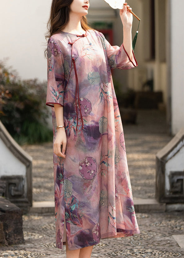 Elegant Purple Button Print Side Open Linen Dress Half Sleeve