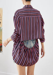 Elegant Purple Cinched Striped Cotton Shirt Tops Fall