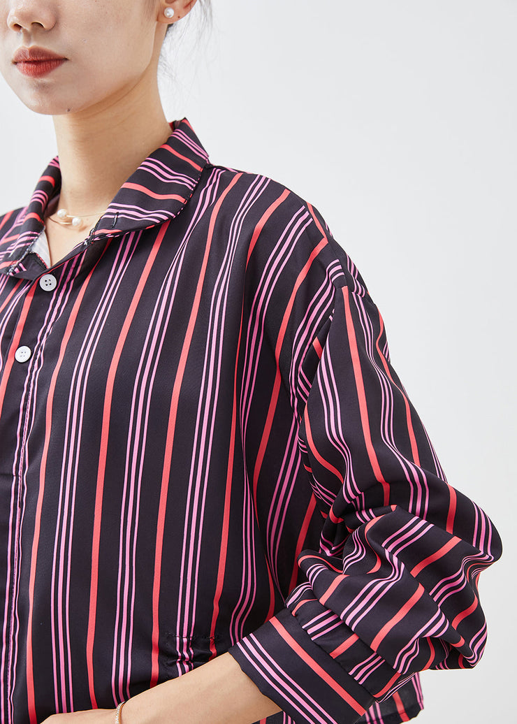 Elegant Purple Cinched Striped Cotton Shirt Tops Fall