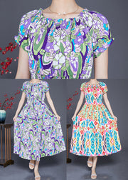 Elegant Purple Elastic Waist Print Cotton Beach Dress Summer