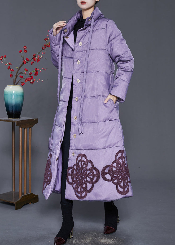 Elegant Purple Embroideried Duck Down Down Coat Winter