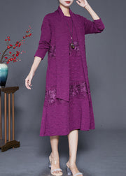 Elegant Purple Embroideried Patchwork Scarf Long Dress Fall