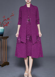 Elegant Purple Embroideried Patchwork Scarf Long Dress Fall