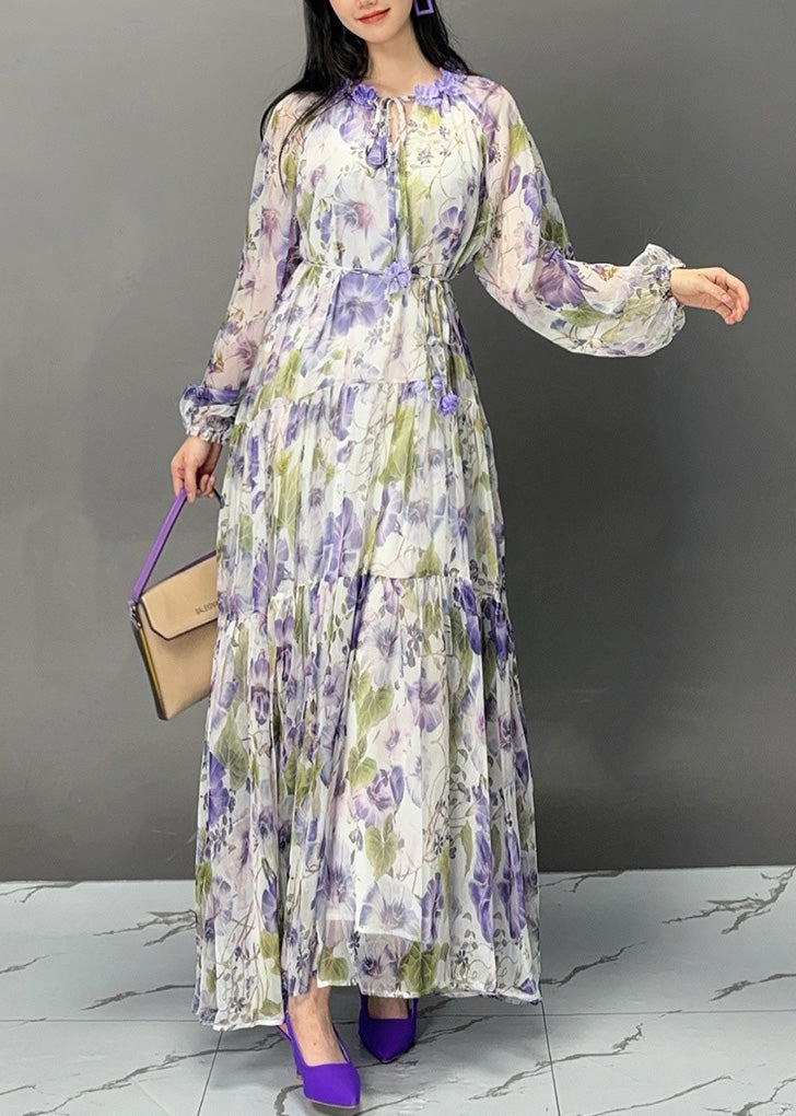 Elegant Purple Lace Up Print Chiffon Fall Long Dress