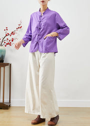 Elegant Purple Mandarin Collar Oriental Cotton Two Pieces Set Fall