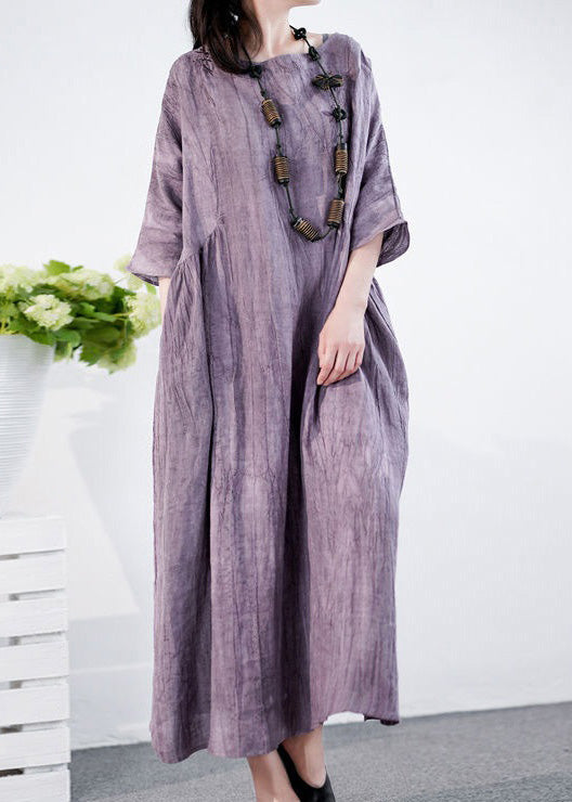 Elegant Purple O Neck Pockets Cotton Long Dress Half Sleeve