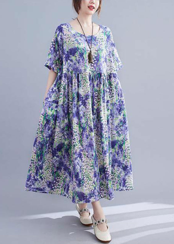 Elegant Purple O-Neck Print Patchwork Long Dress Short Sleeve