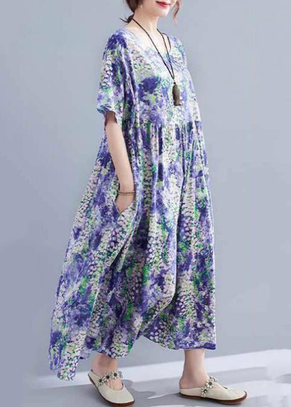 Elegant Purple O-Neck Print Patchwork Long Dress Short Sleeve