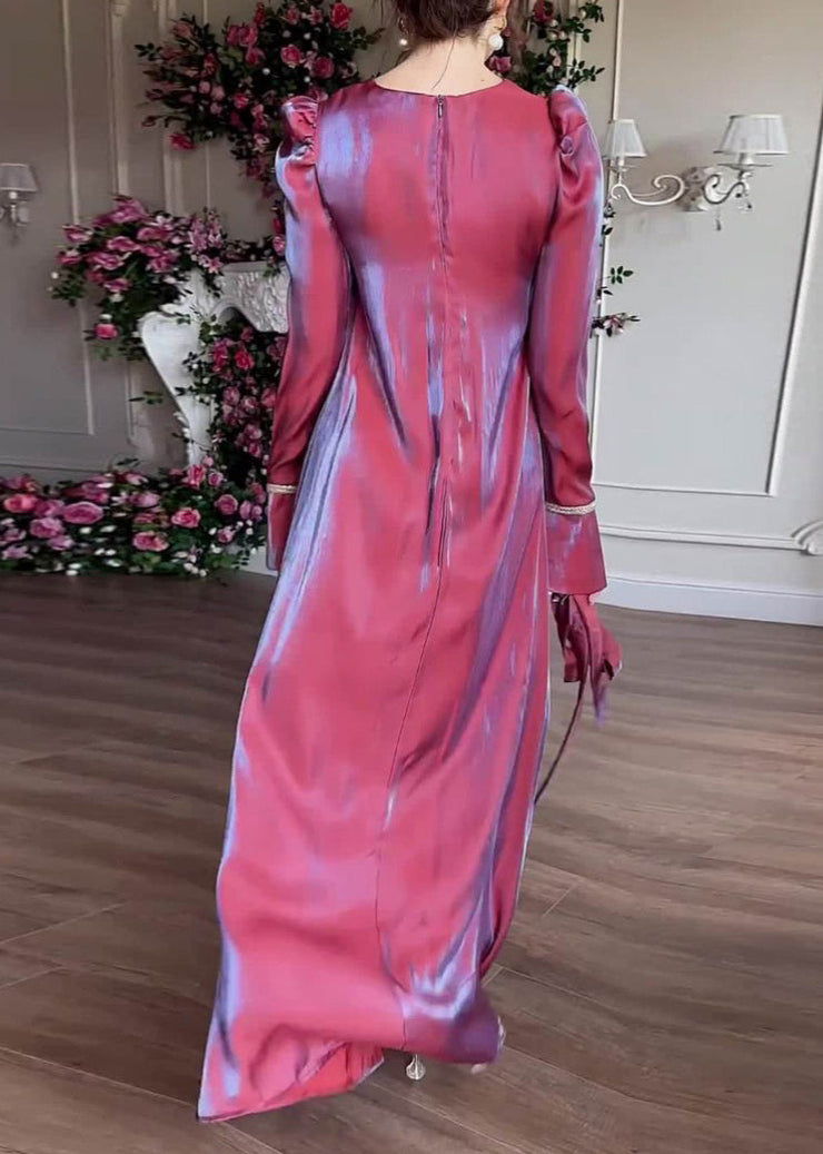 Elegant Purple O Neck Silk Maxi Dress Fall