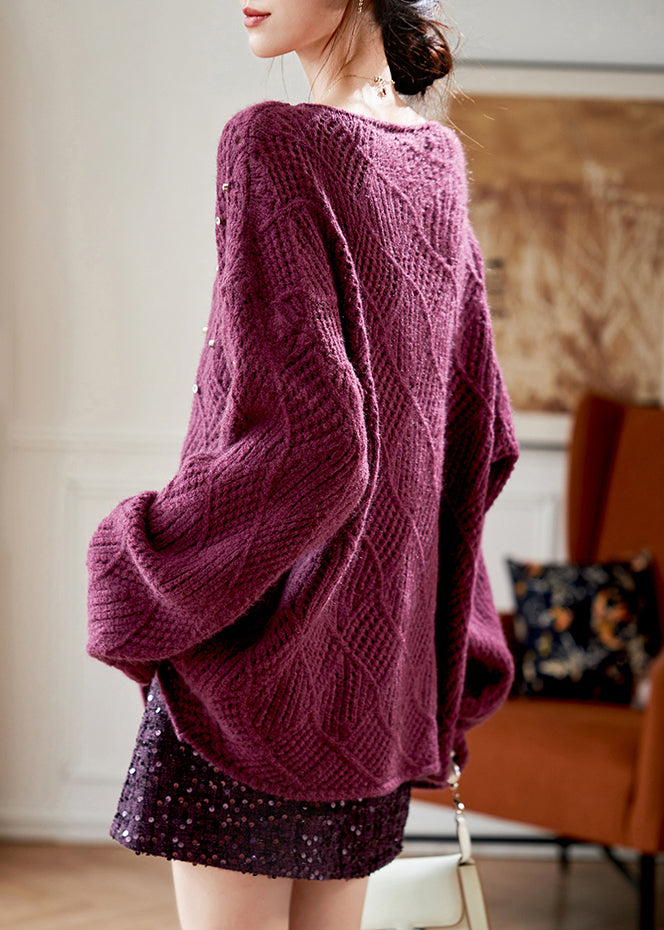 Elegant Purple O Neck Zircon Knit Sweaters Fall