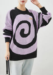 Elegant Purple Oversized Print Knit Sweaters Winter