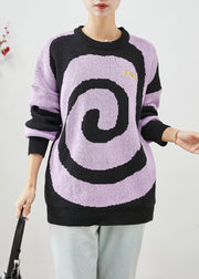 Elegant Purple Oversized Print Knit Sweaters Winter