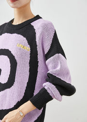 Elegant Purple Oversized Print Knit Sweaters Winter