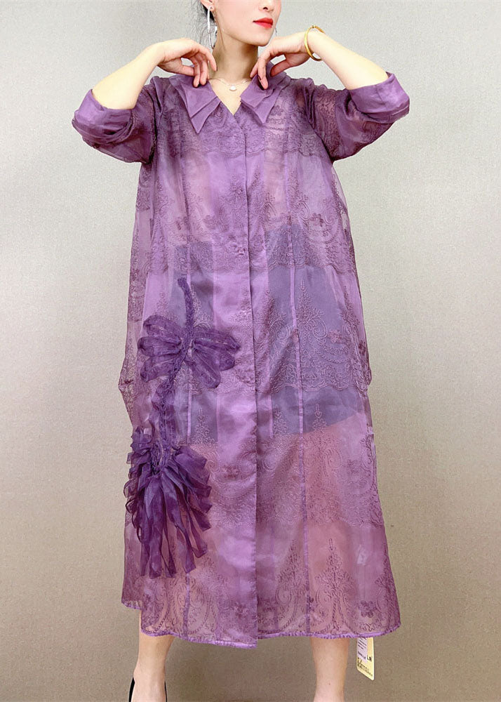 Elegant Purple Peter Pan Collar Embroideried Patchwork Tulle Trench Summer