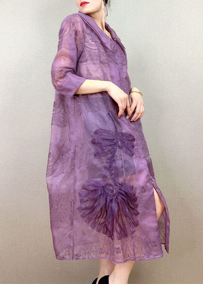 Elegant Purple Peter Pan Collar Embroideried Patchwork Tulle Trench Summer