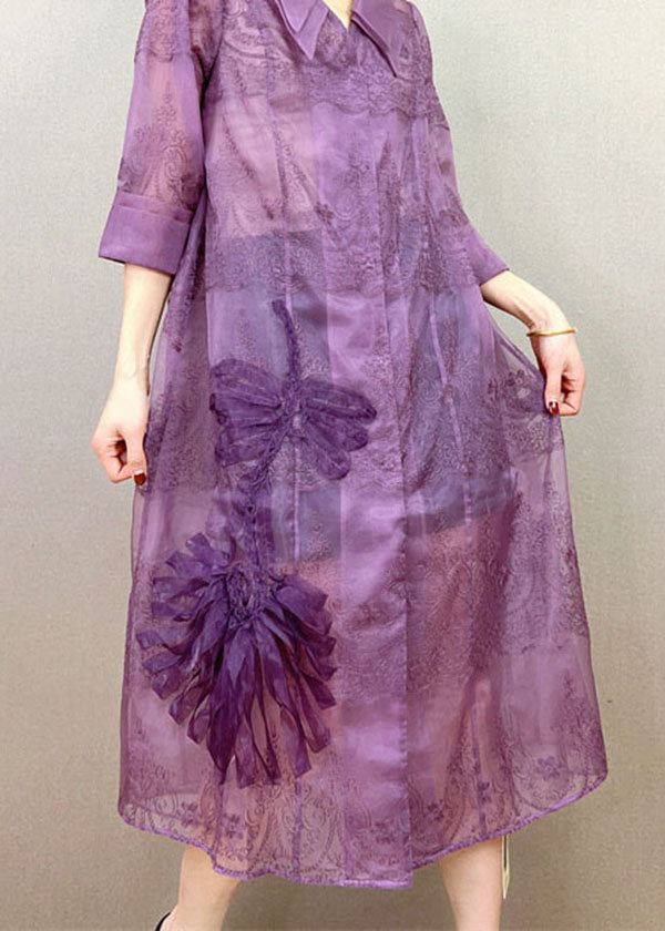 Elegant Purple Peter Pan Collar Embroideried Patchwork Tulle Trench Summer