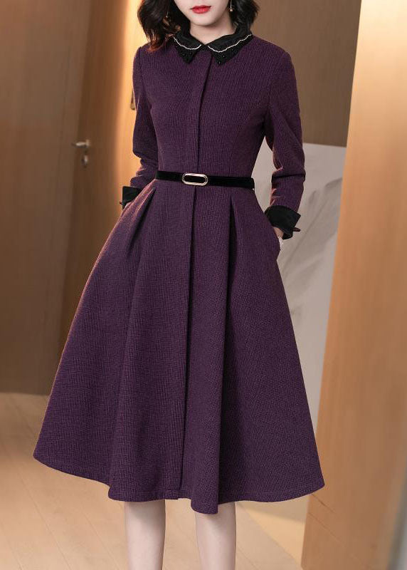 Elegant Purple Peter Pan Collar Patchwork Cotton Cinch Dress Long Sleeve