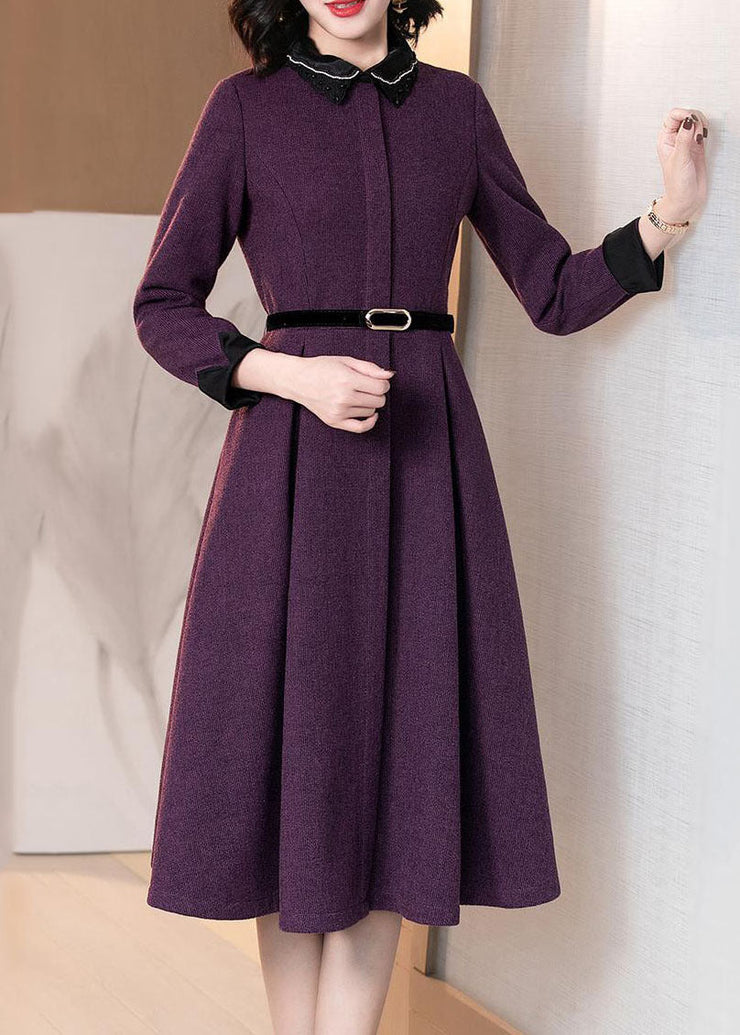 Elegant Purple Peter Pan Collar Patchwork Cotton Cinch Dress Long Sleeve