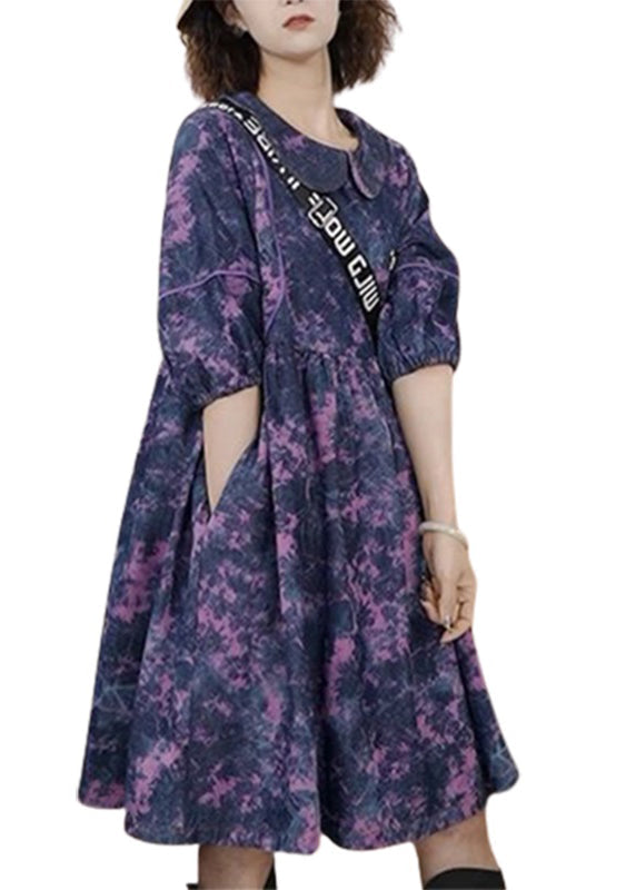 Elegant Purple Peter Pan Collar Tie Dye Wrinkled Vacation Long Dresses Half Sleeve