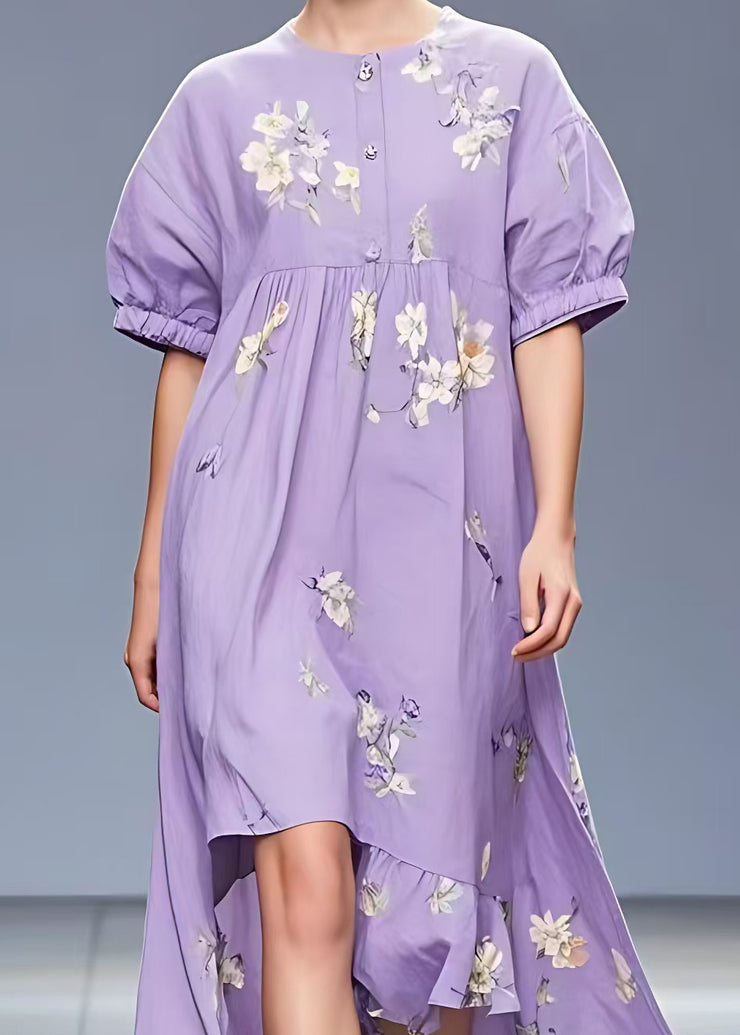 Elegant Purple Print Low High Design Cotton Dress Summer