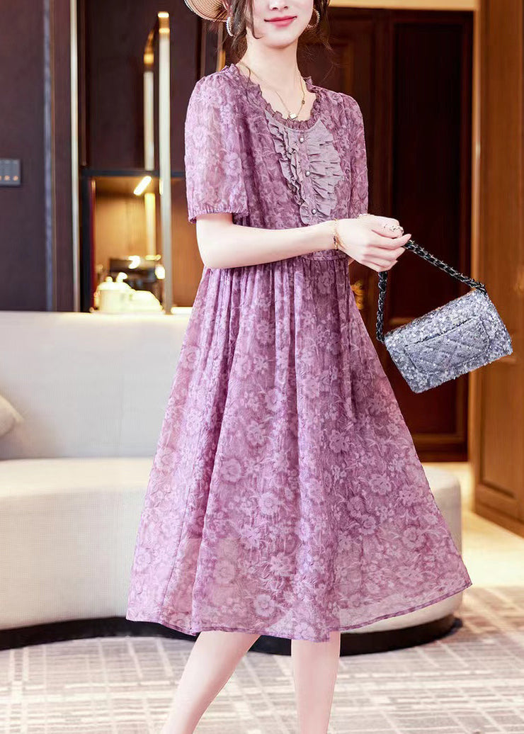 Elegant Purple Print Ruffled Patchwork Chiffon Long Dresses Summer