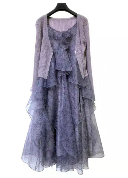 Elegant Purple Ruffled Print Chiffon Sets 2 Pieces Spring