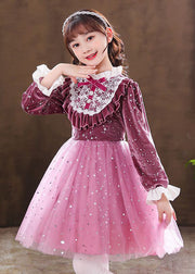 Elegant Purple Ruffled Velour Patchwork Tulle Baby Girls Dress Fall