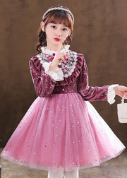 Elegant Purple Ruffled Velour Patchwork Tulle Baby Girls Dress Fall