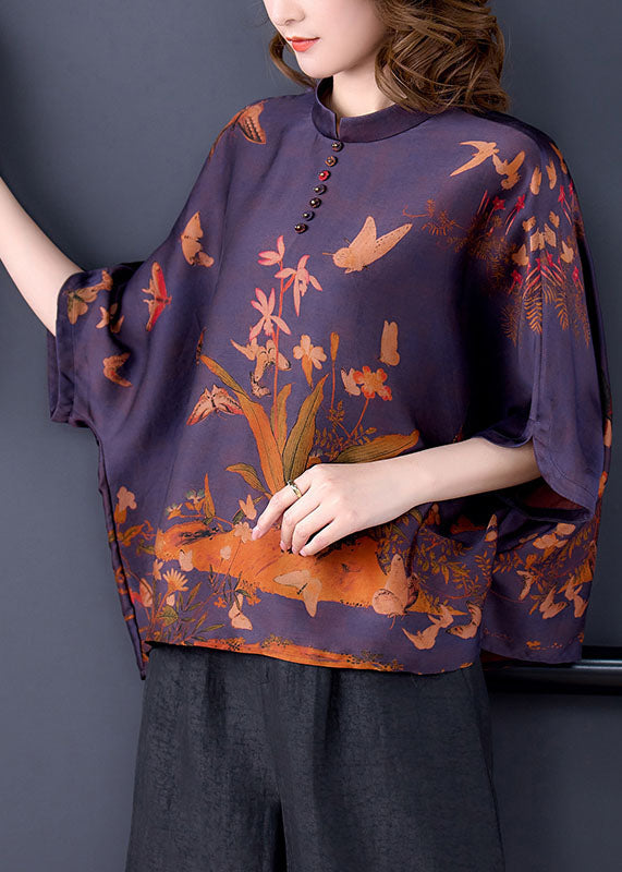 Elegant Purple Stand Collar Print Silk Shirts