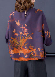 Elegant Purple Stand Collar Print Silk Shirts