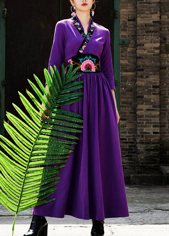 Elegant Purple V Neck Embroideried Floral Zippered Wrinkled Maxi Dresses Fall