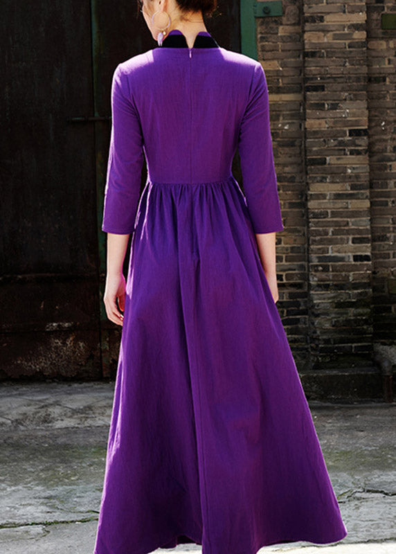 Elegant Purple V Neck Embroideried Floral Zippered Wrinkled Maxi Dresses Fall