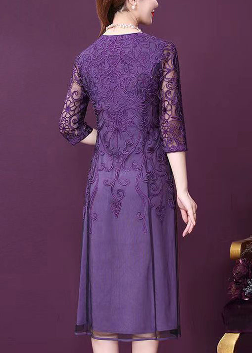 Elegant Purple V Neck Lace Patchwork Tulle Dresses Half Sleeve