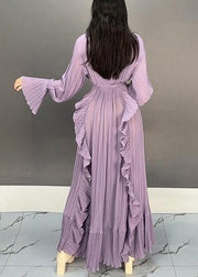 Elegant Purple V Neck Ruffled Long Dresses Flare Sleeve