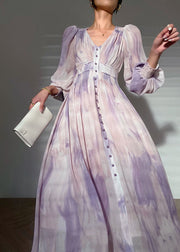 Elegant Purple V Neck Tie Dye Print Button Silk Long Dress Long sleeve