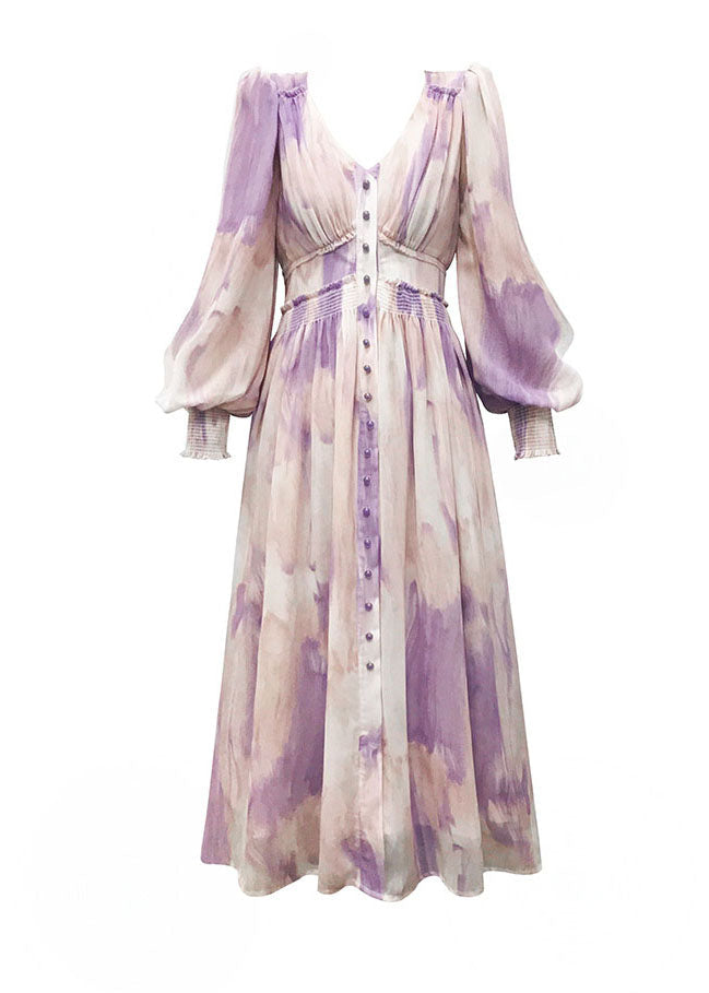 Elegant Purple V Neck Tie Dye Print Button Silk Long Dress Long sleeve