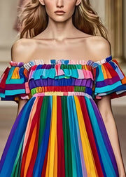 Elegant Rainbow Cold Shoulder Striped Chiffon Dress Summer