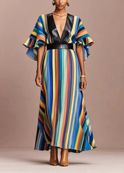 Elegant Rainbow Striped Cotton Cinched Dress Flare Sleeve