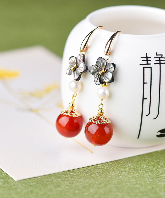 Elegant Red Agate Pearl Shell Flower Silver Drop Earrings