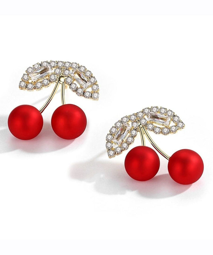 Elegant Red Alloy Zircon Cherry Stud Earrings