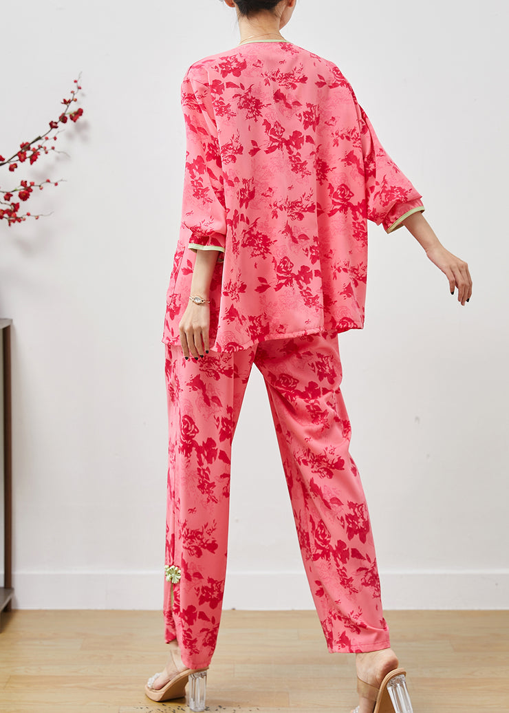 Elegant Red Chinese Button Print Cotton Two Pieces Set Summer