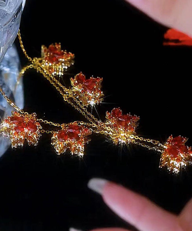 Elegant Red Copper Alloy Crystal Maple Leaves Pendant Necklace