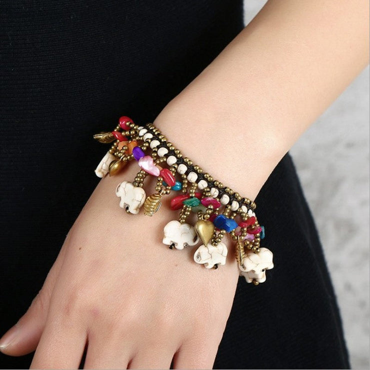 Elegant Red Copper Hand Woven Turquoise Elephant Balls Charm Bracelet