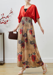 Elegant Red Elastic Waist Patchwork Chiffon Dress Summer